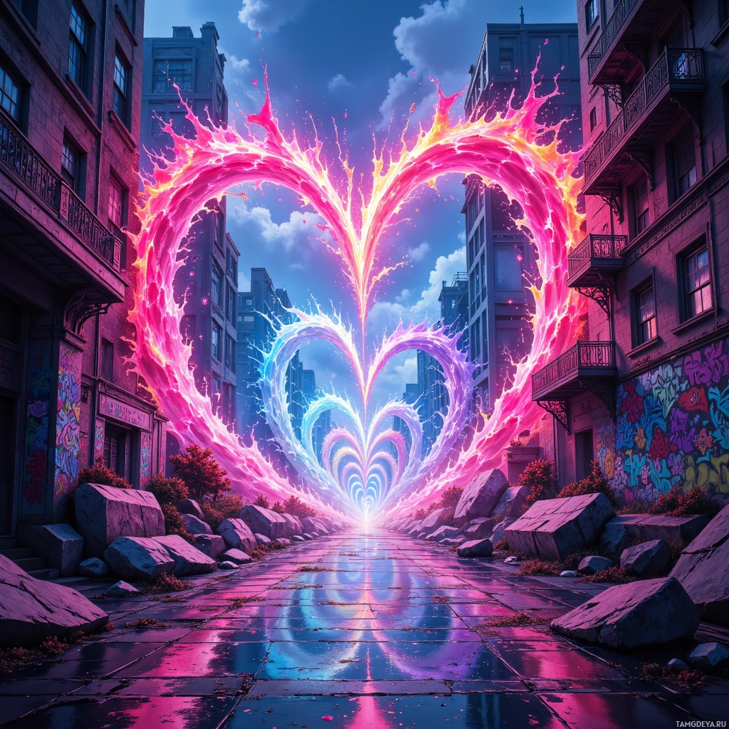 A vibrant, surreal cityscape features a glowing heart-shaped portal in the sky, leading to a fantastical urban scene.