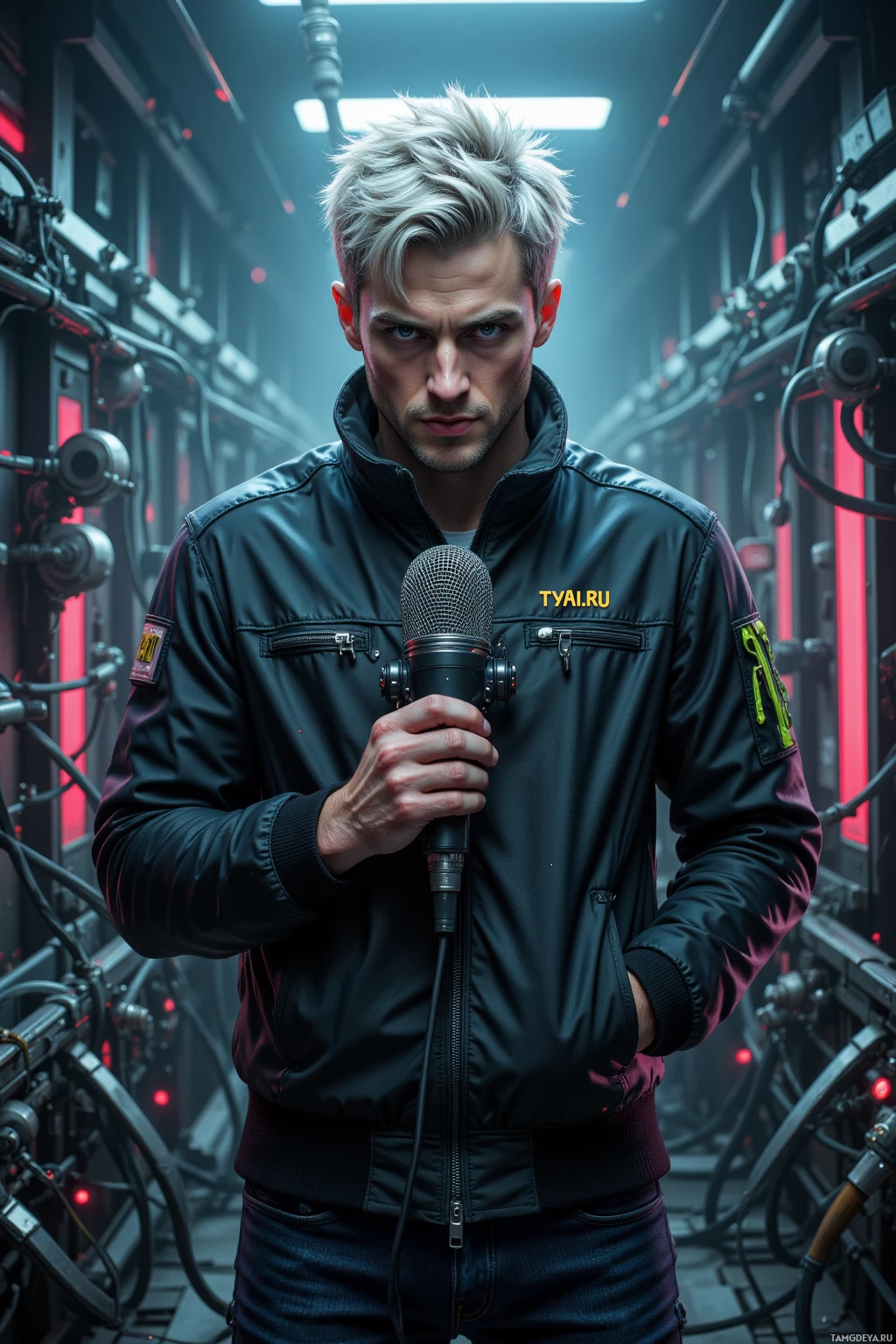 A person in a futuristic setting holds a microphone, wearing a jacket with "TVAI.RU" on it.