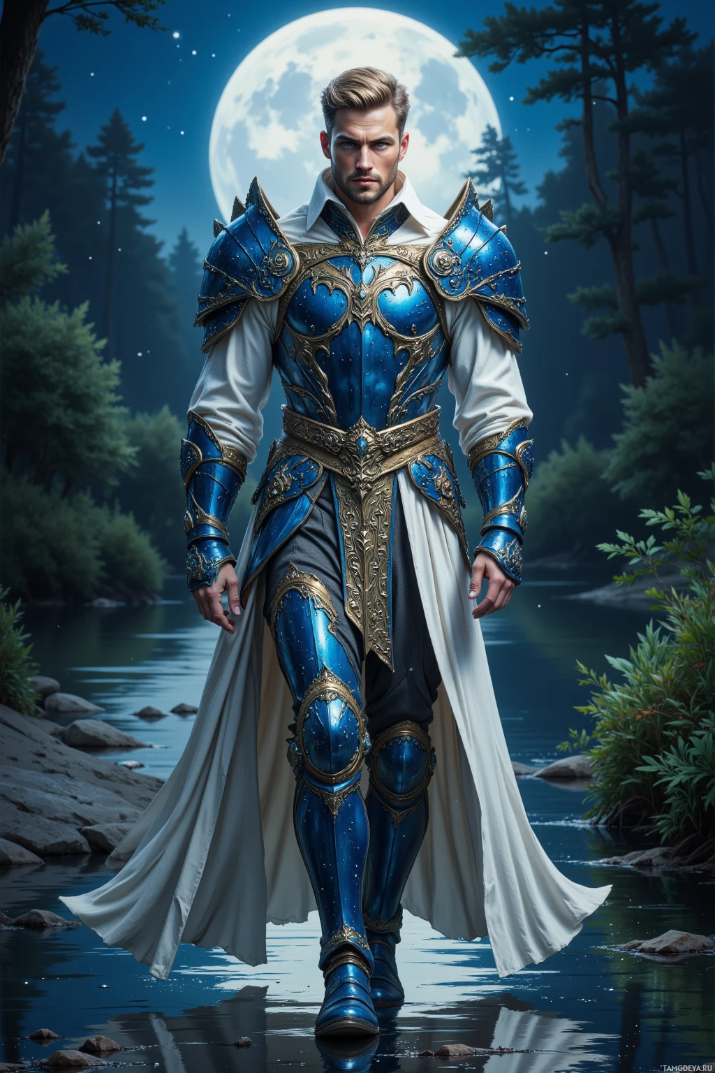 A knight in ornate blue armor stands by a serene river under a night sky.