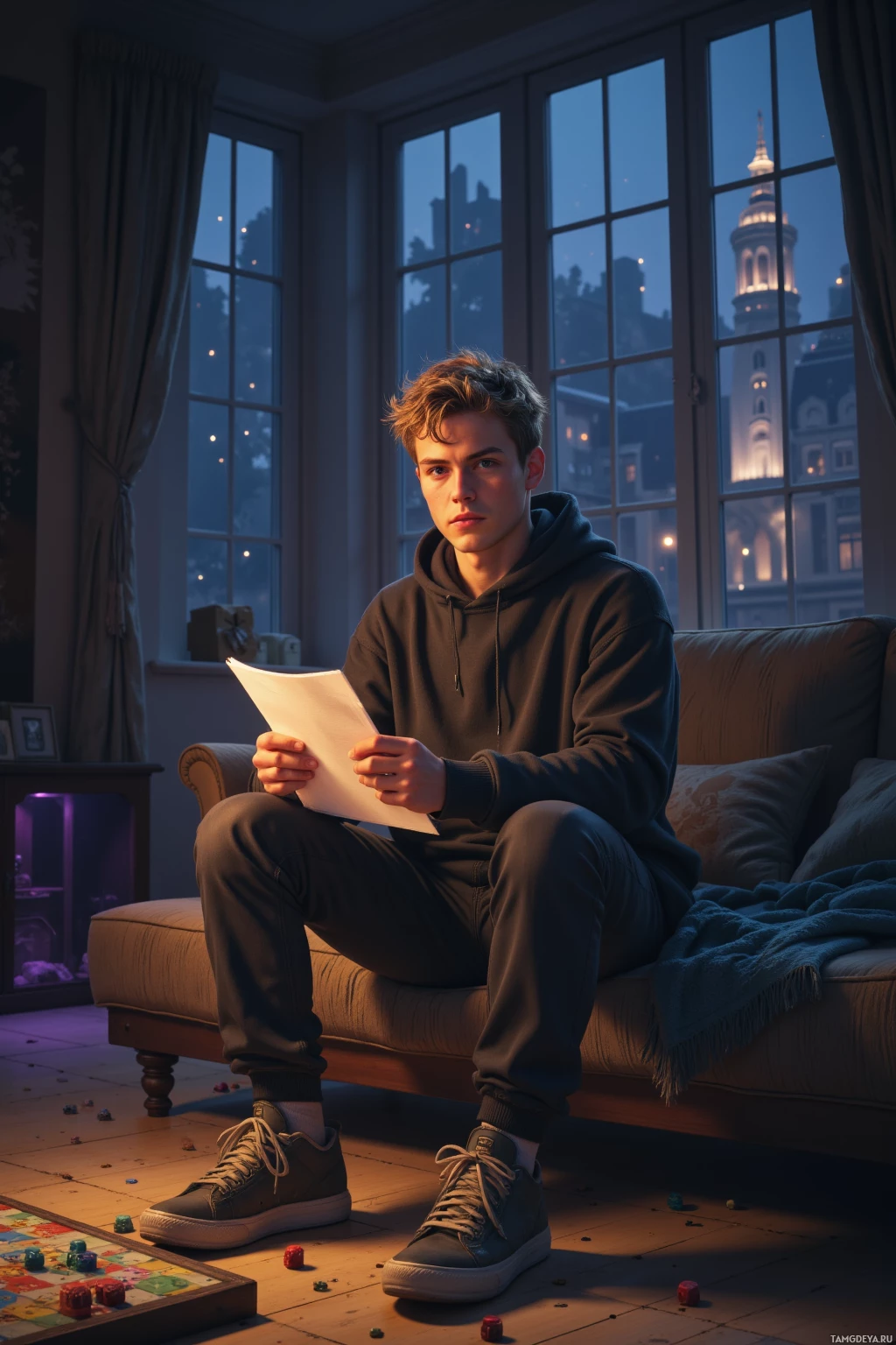 A young person sits on a couch, reading a piece of paper in a dimly lit room with large windows.