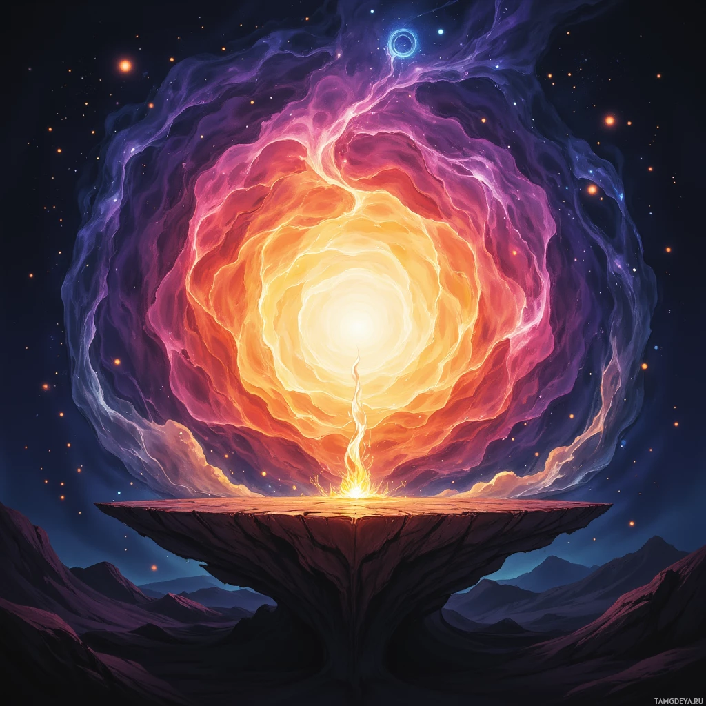 A vibrant cosmic scene featuring a glowing, swirling portal set against a starry night sky.