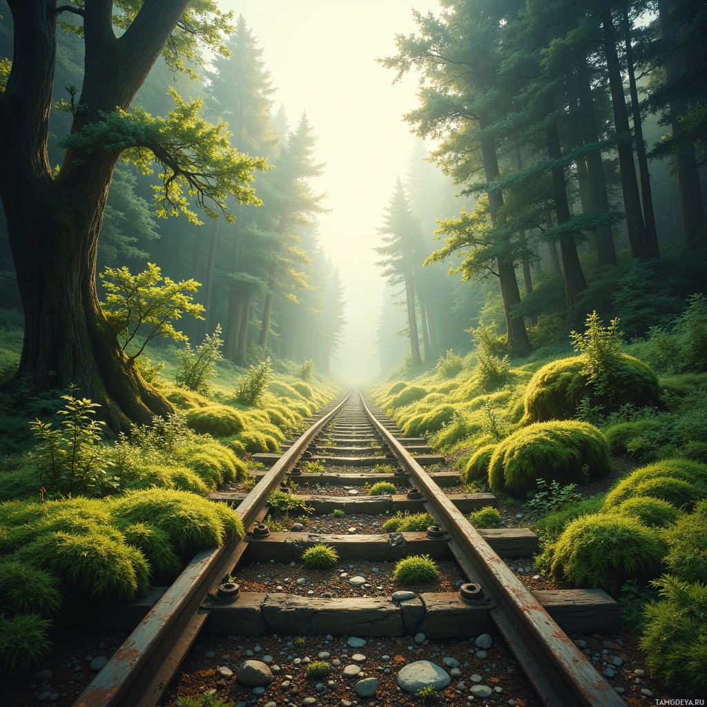 A serene forest scene with a railway track leading into the misty distance.