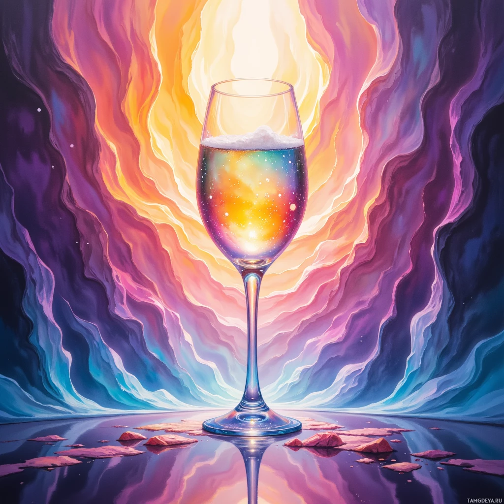 A vibrant, cosmic scene featuring a glass of liquid with a galaxy-like appearance, set against swirling, colorful clouds.