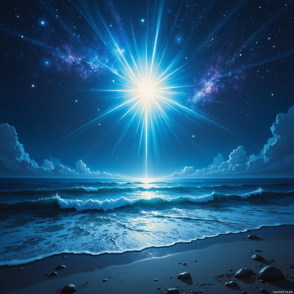 A serene night scene with a glowing celestial light above the ocean, casting a radiant glow over the waves and sandy shore.