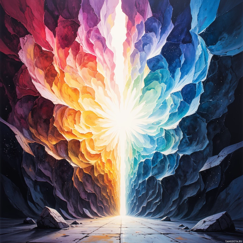 A vibrant, colorful archway with a bright light at its center, set against a dark, starry background.