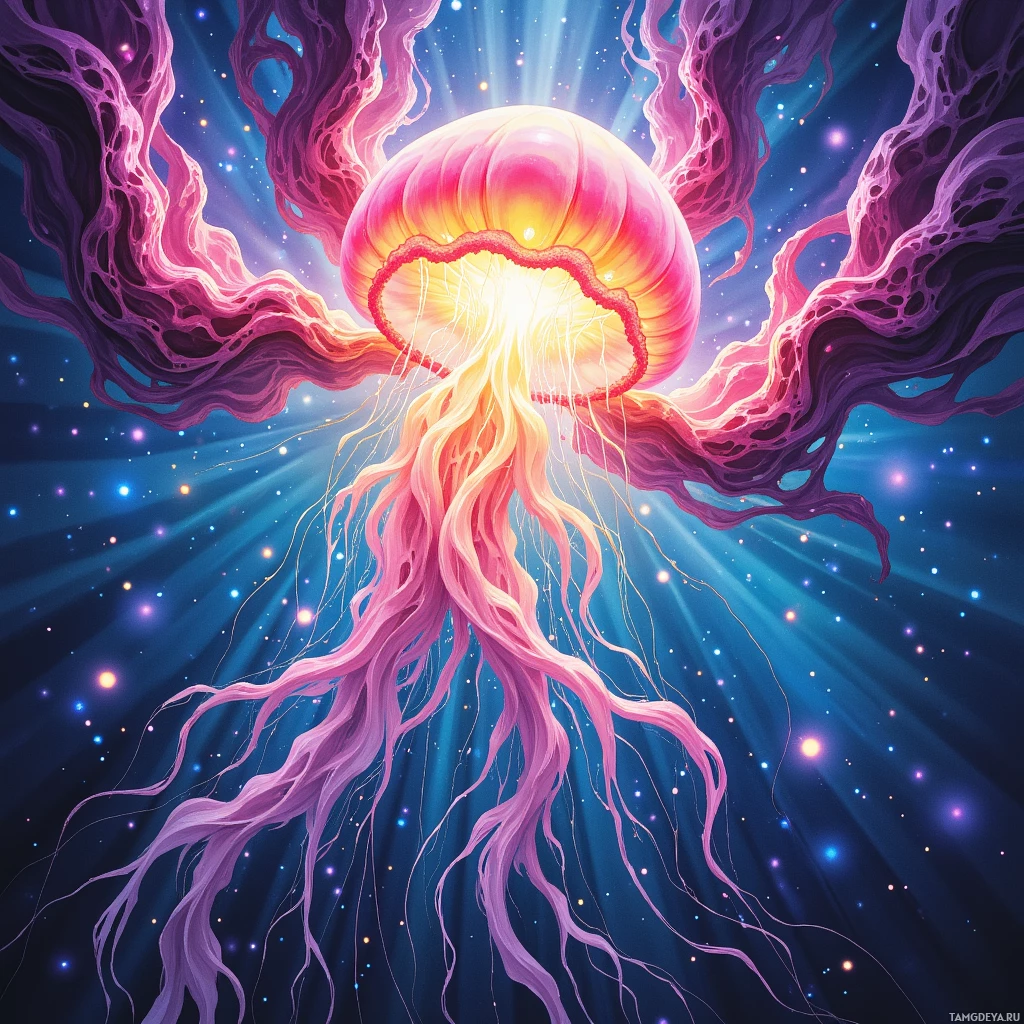 A vibrant jellyfish with glowing tentacles and a radiant core, set against a cosmic background.
