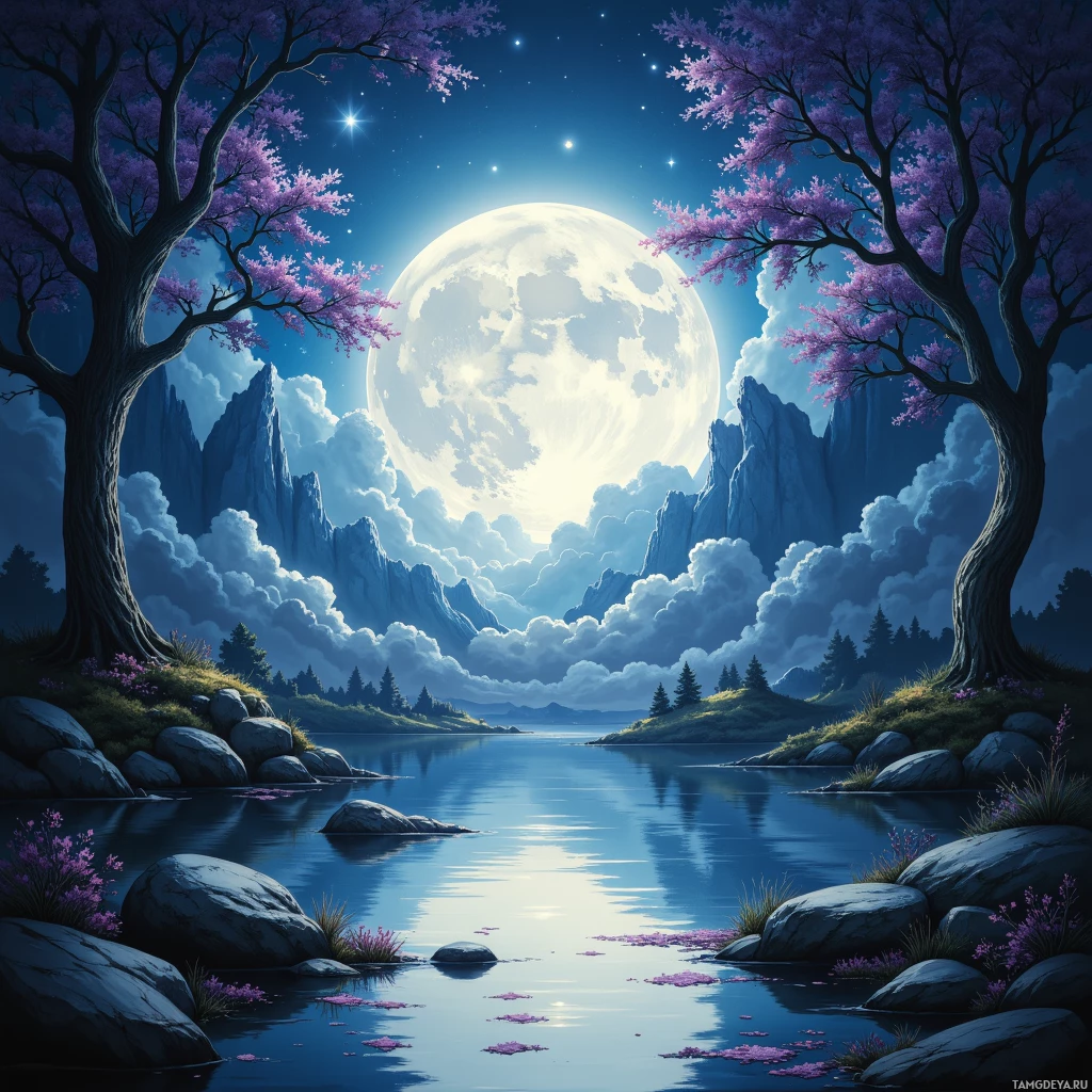 A serene night scene featuring a full moon, purple blossoming trees, and a calm body of water reflecting the moonlight.