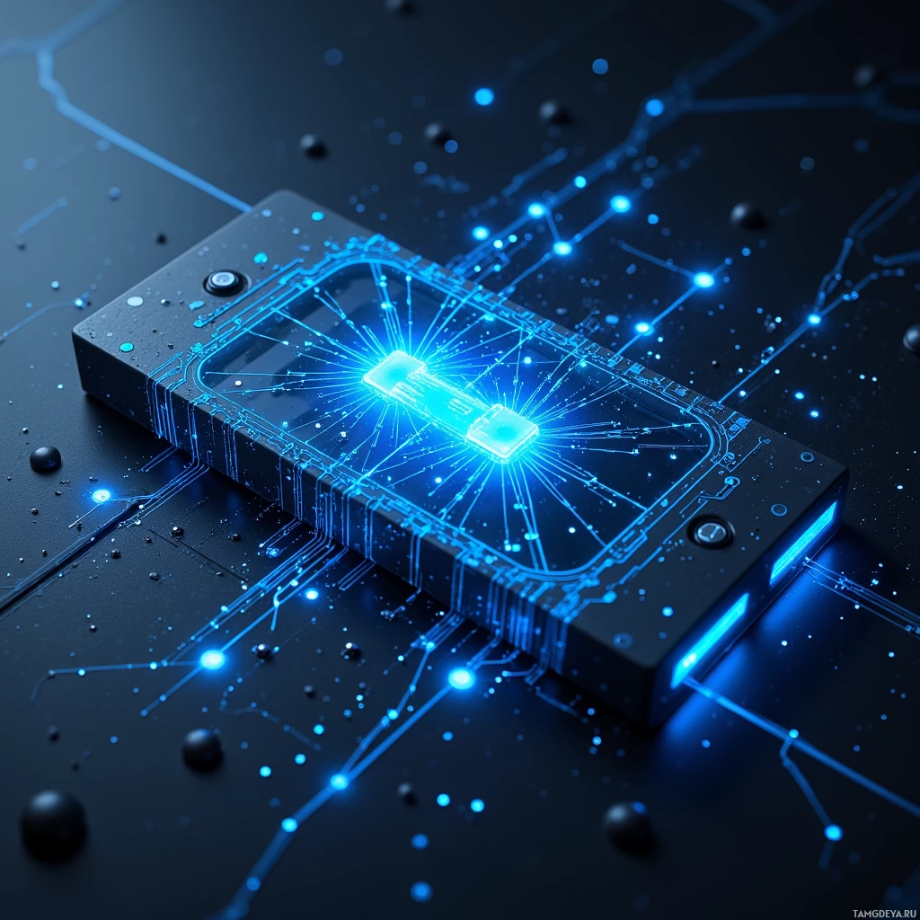 A glowing blue circuit board with intricate lines and a central light source.