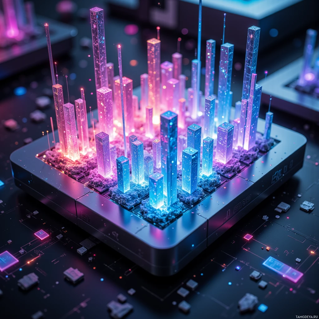 A futuristic cityscape with glowing, neon-lit skyscrapers on a dark, circuit-board-like surface.