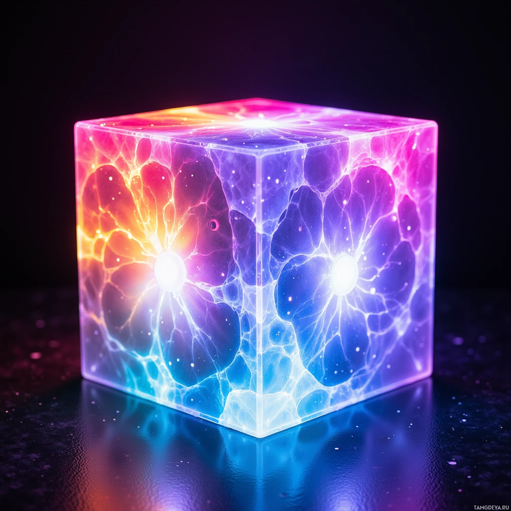 A glowing, multicolored cube with intricate patterns and a reflective surface.
