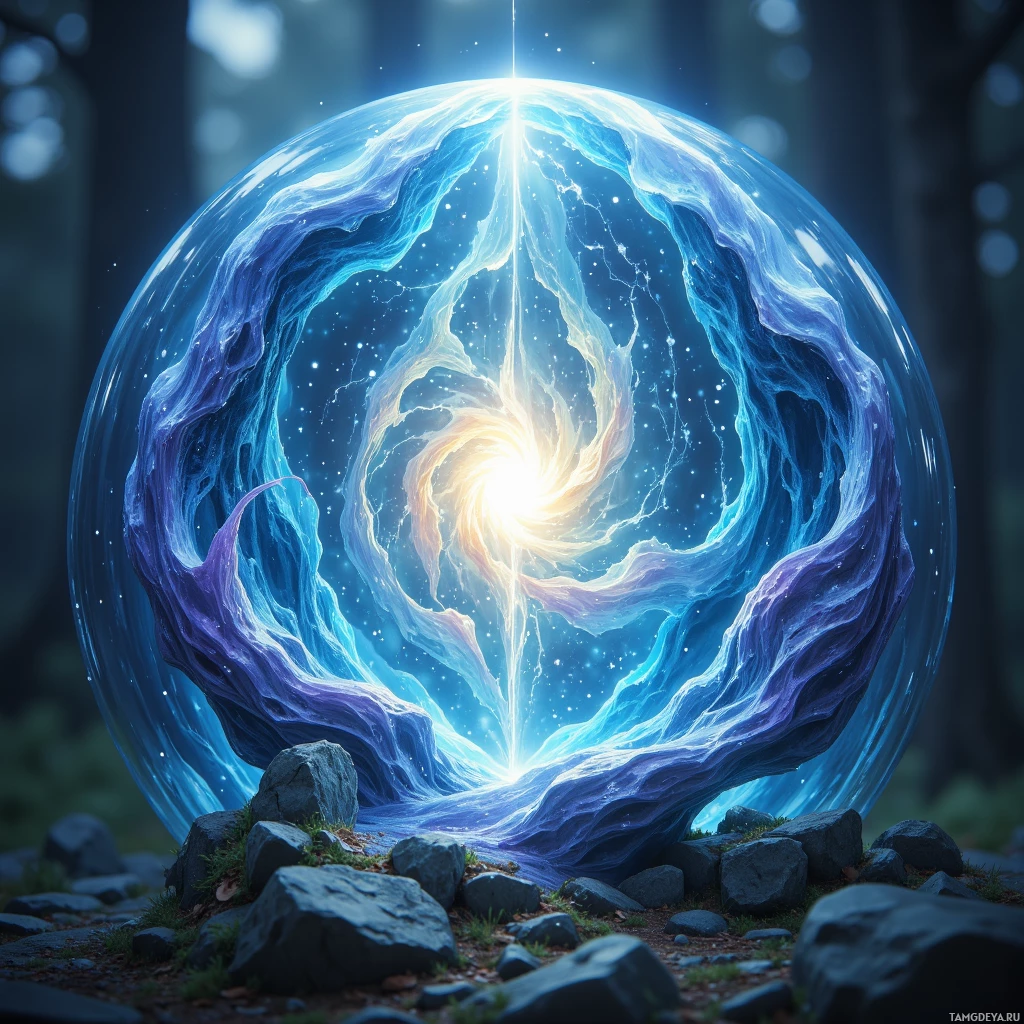 A glowing, ethereal portal with swirling blue and purple energy, set against a dark, forested background.
