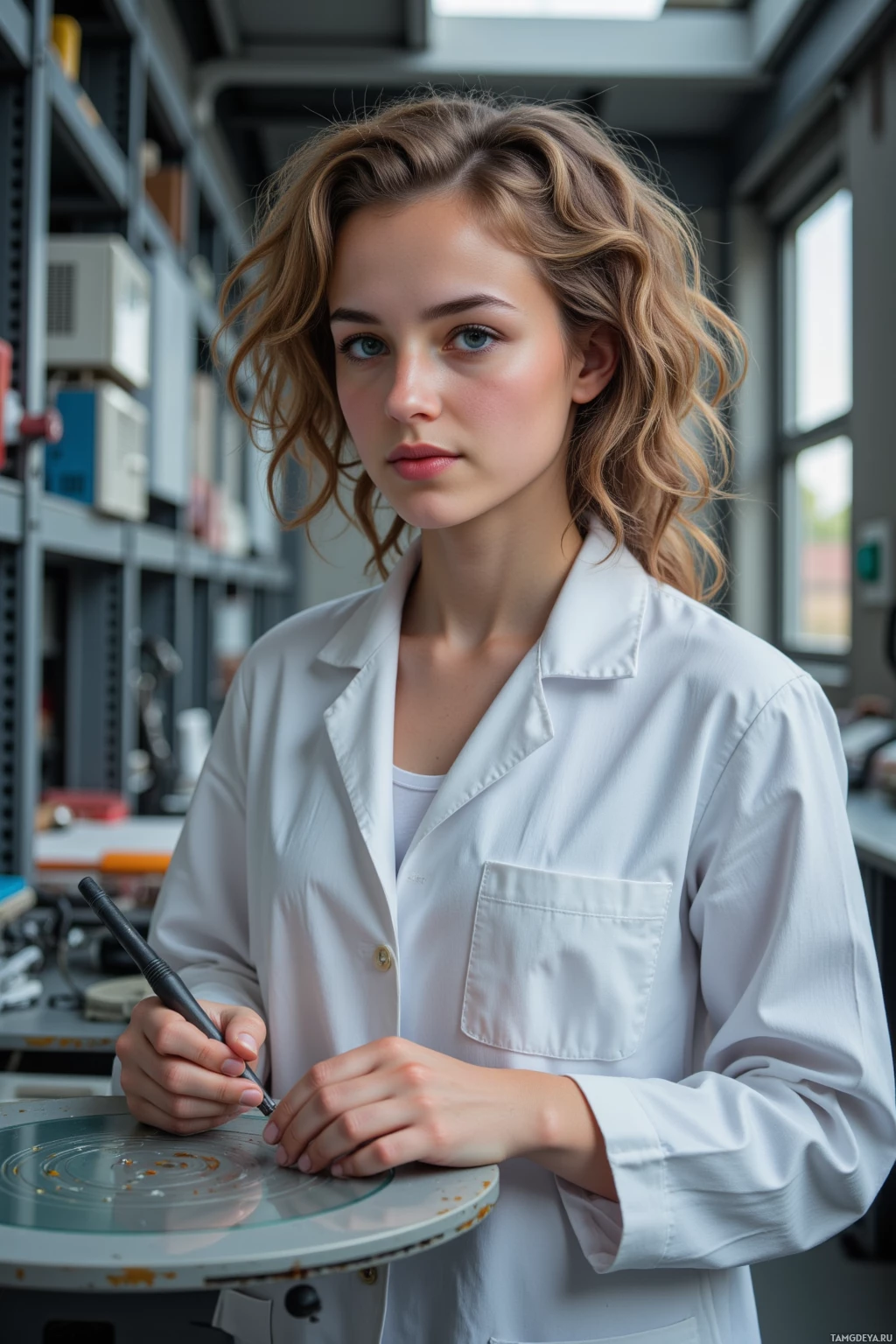 A person in a white lab coat is holding a pen and a palette, standing in a laboratory setting.