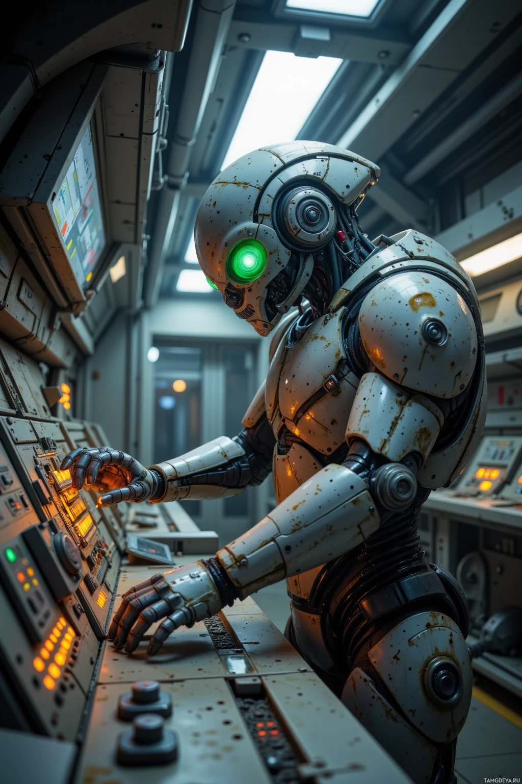 A robot in a futuristic setting operates a control panel with glowing buttons and screens.