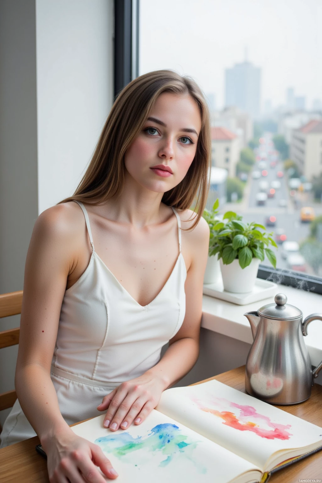 A woman sits at a table by a window, holding a watercolor painting.