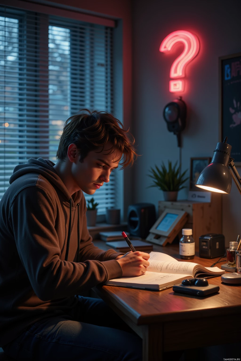 A person is sitting at a desk, writing in a notebook under a desk lamp.