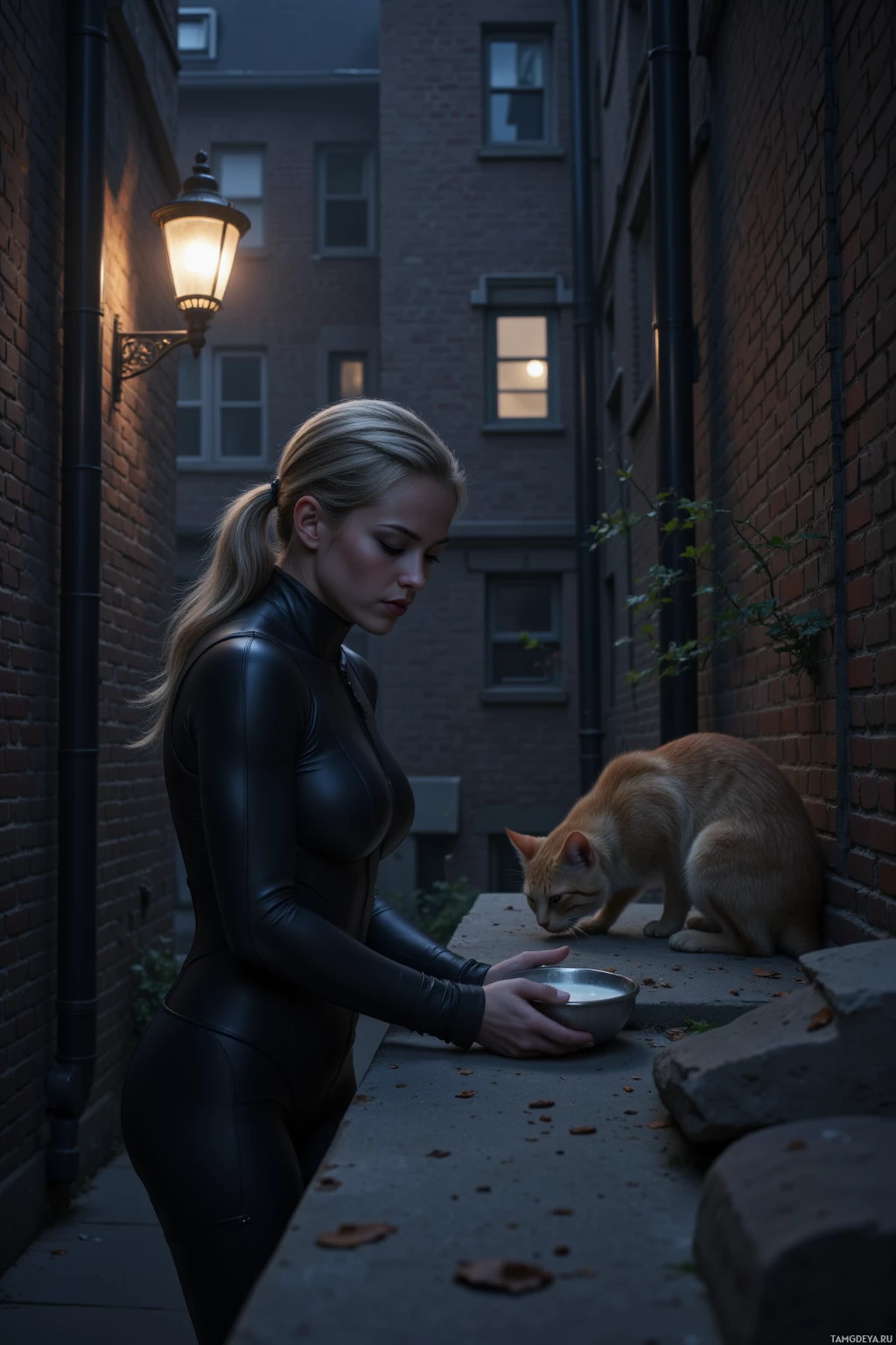 A woman in a black outfit stands in an alleyway, holding a bowl of milk as a cat approaches.