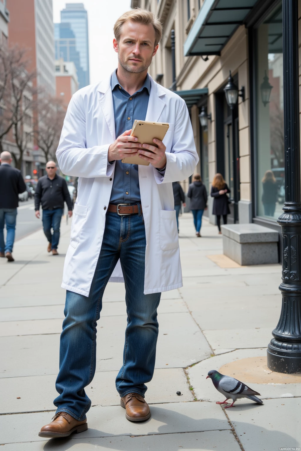 A man in a white lab coat and jeans stands on a city sidewalk holding a tablet.