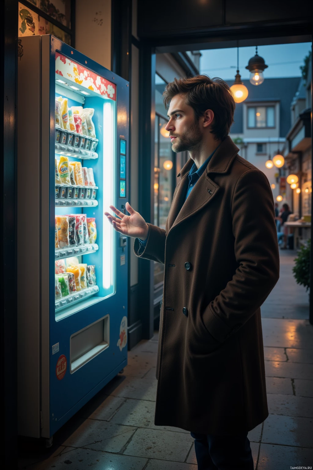 A man in a brown coat stands beside a vending machine, looking at it.