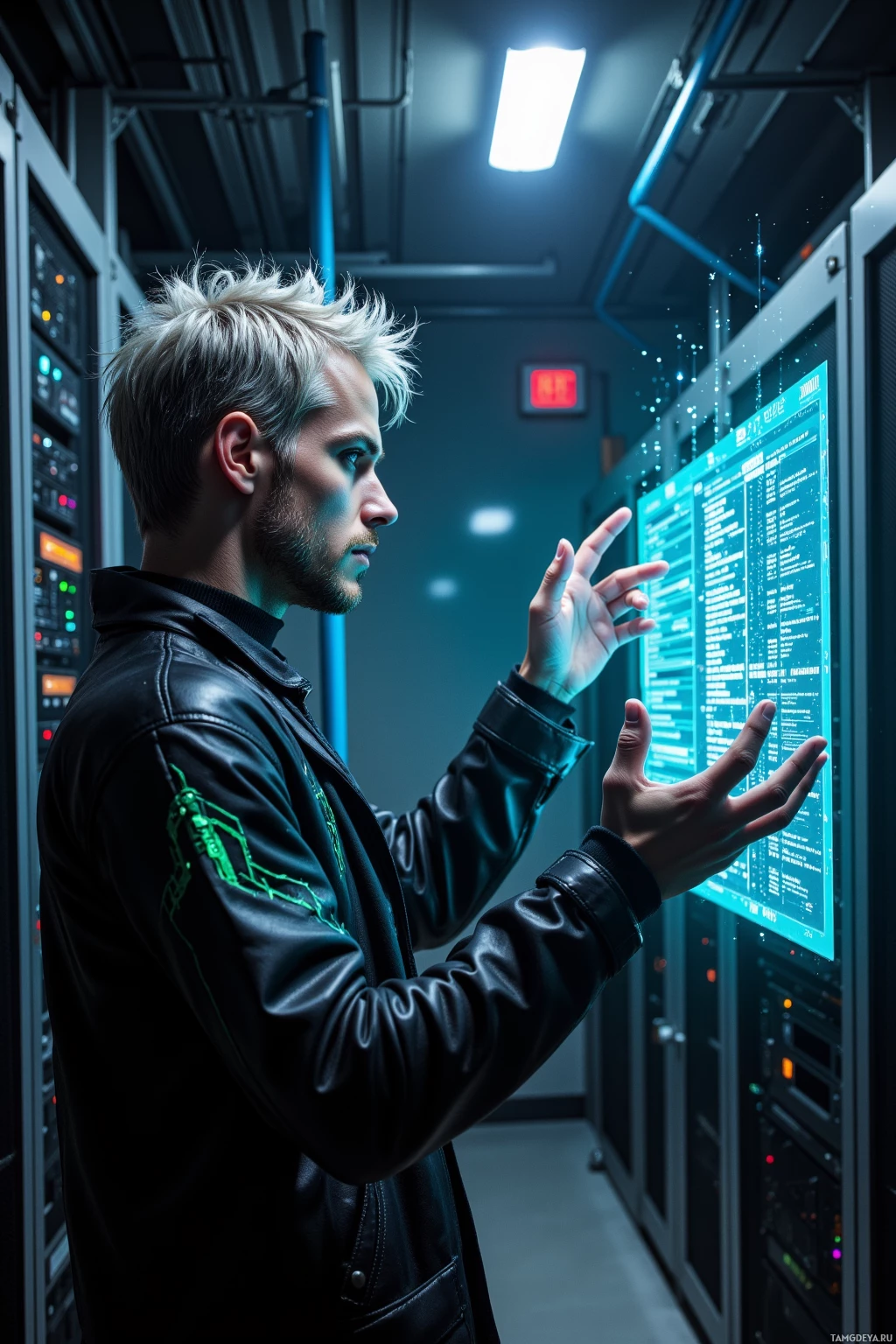 A person in a server room interacts with a large digital display.