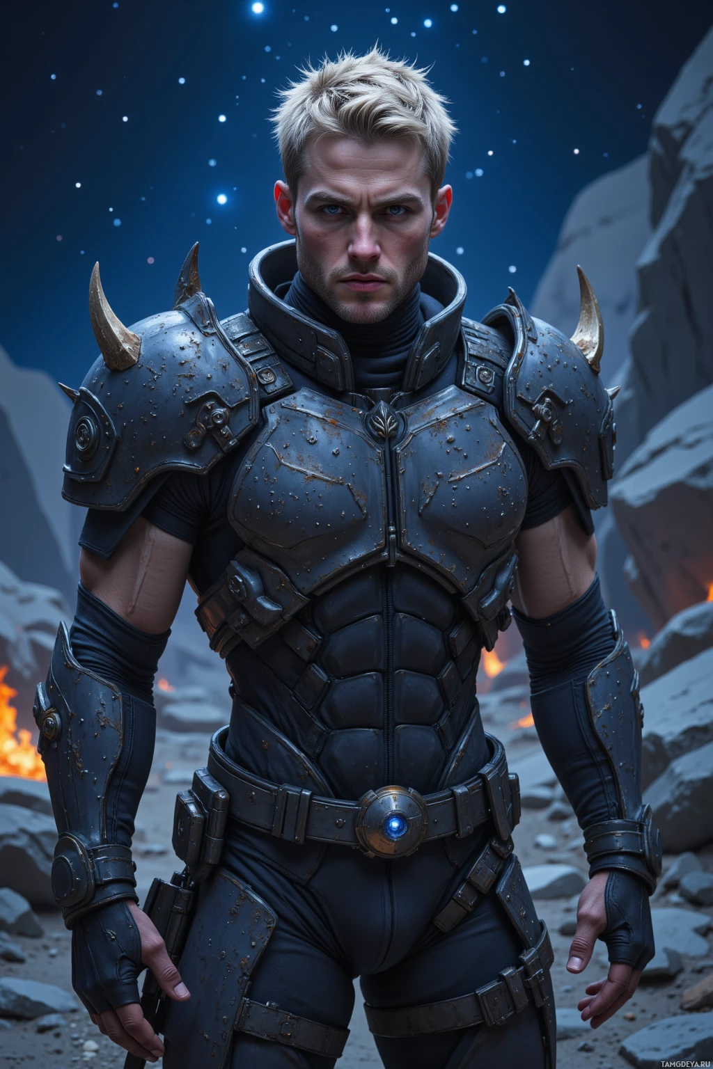A person in futuristic armor stands against a starry night sky.