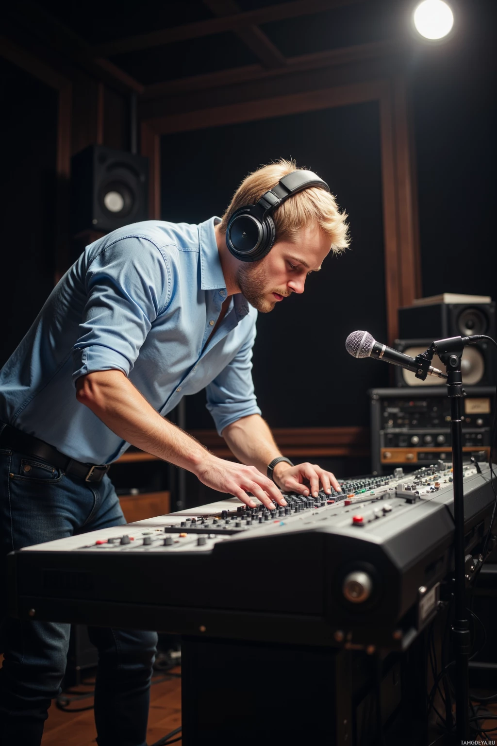 A person wearing headphones is adjusting controls on a mixing console in a recording studio.