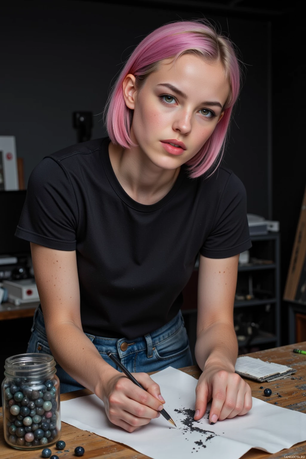 A person with pink hair sits at a table, drawing with a pencil on paper.
