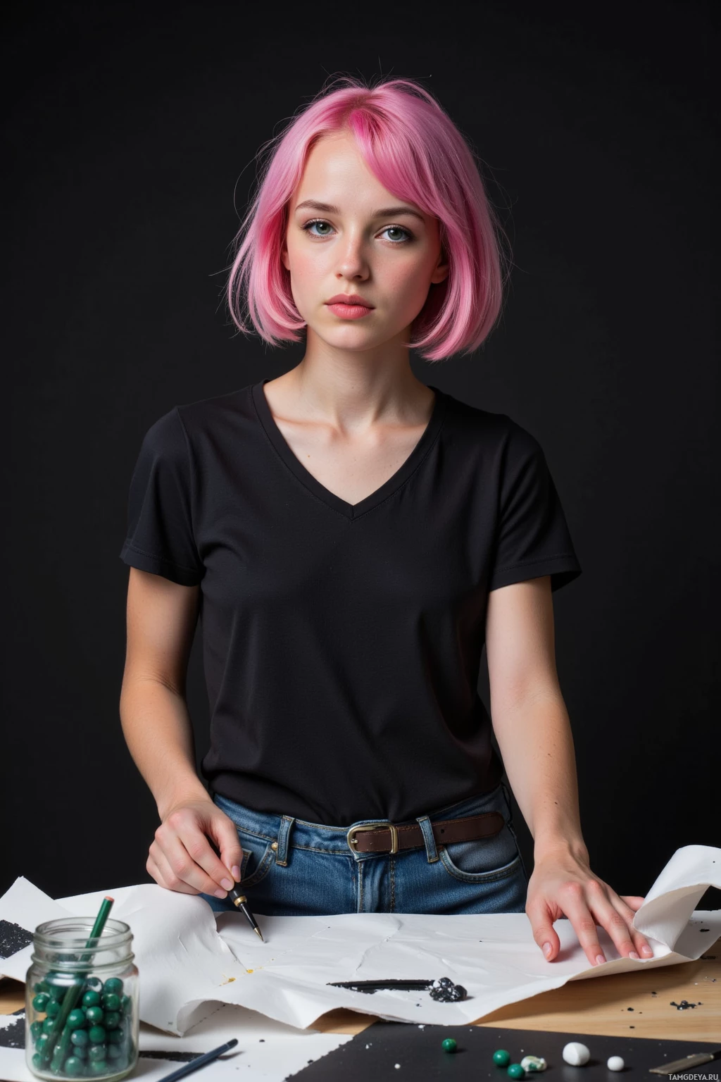 A person with pink hair wearing a black shirt and jeans is sitting at a table with art supplies.