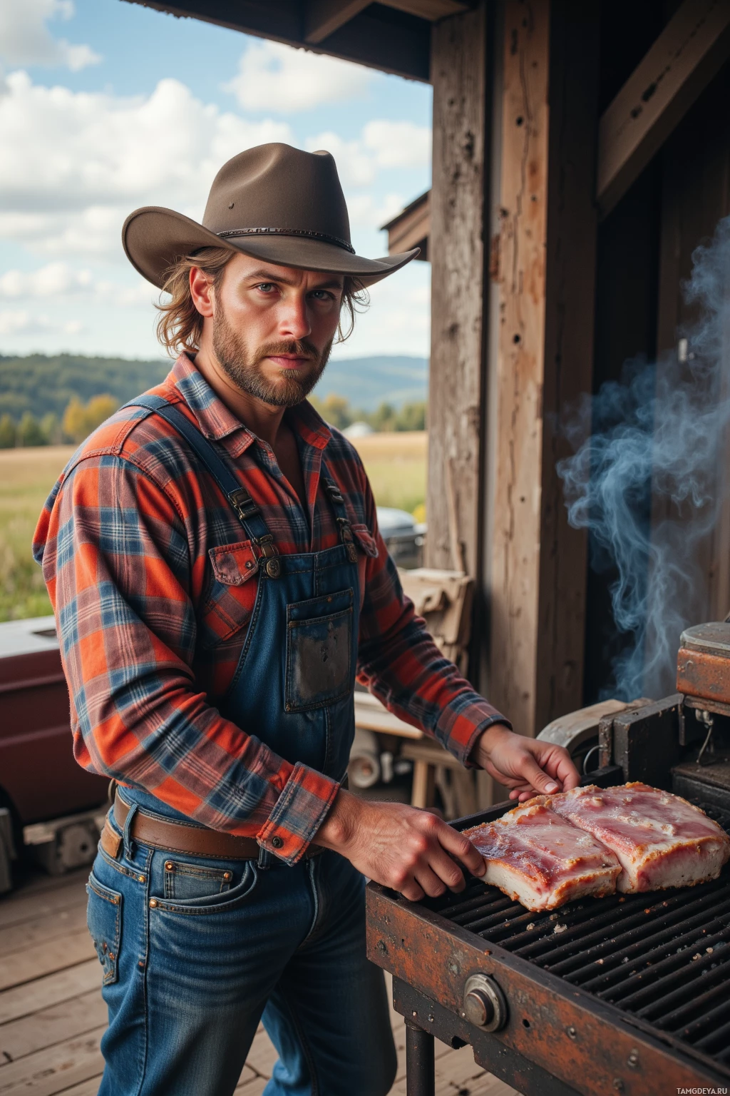 A man in a cowboy hat and plaid shirt grills meat outdoors on a sunny day.