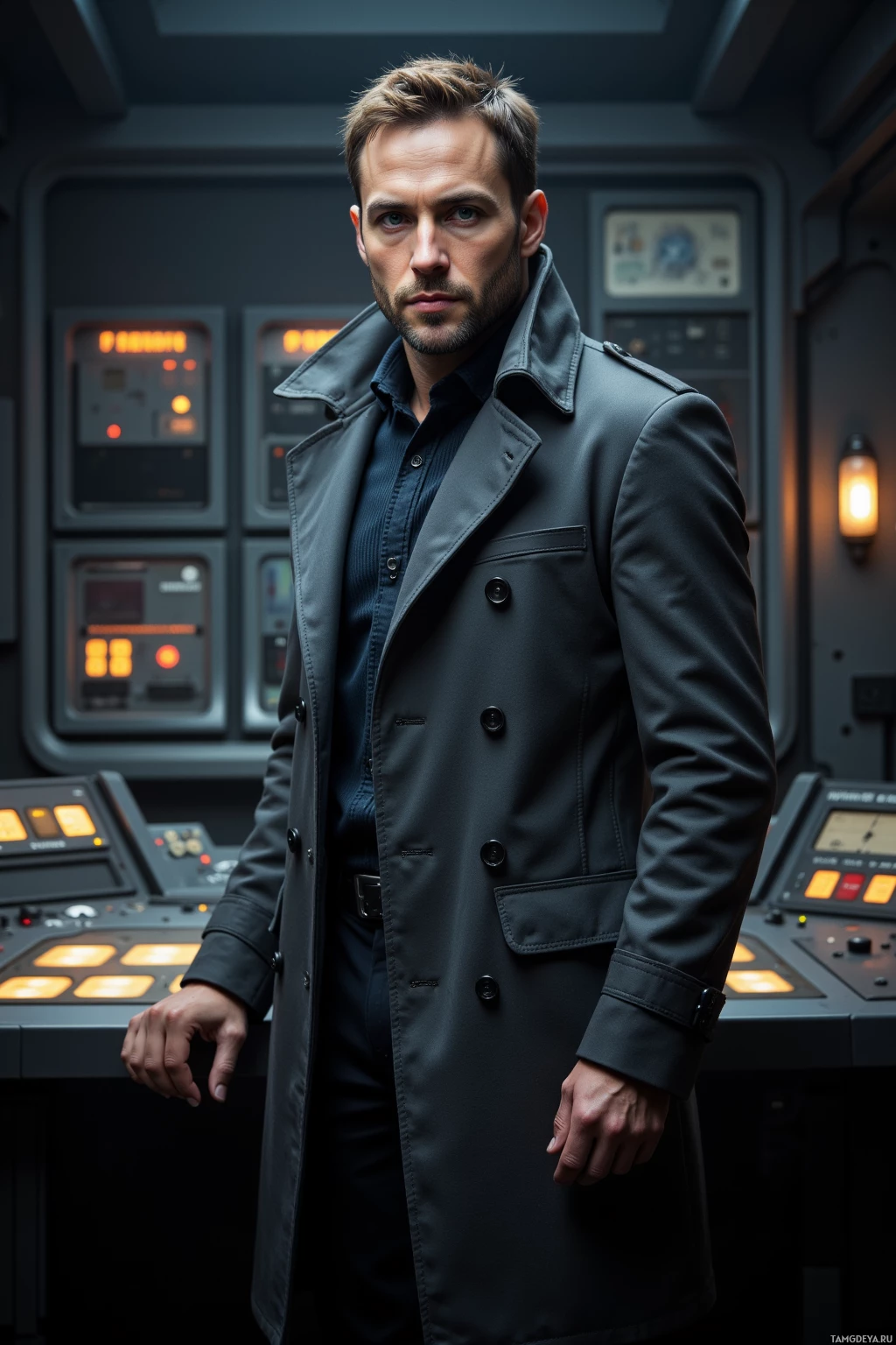 A man in a trench coat stands in a futuristic control room.