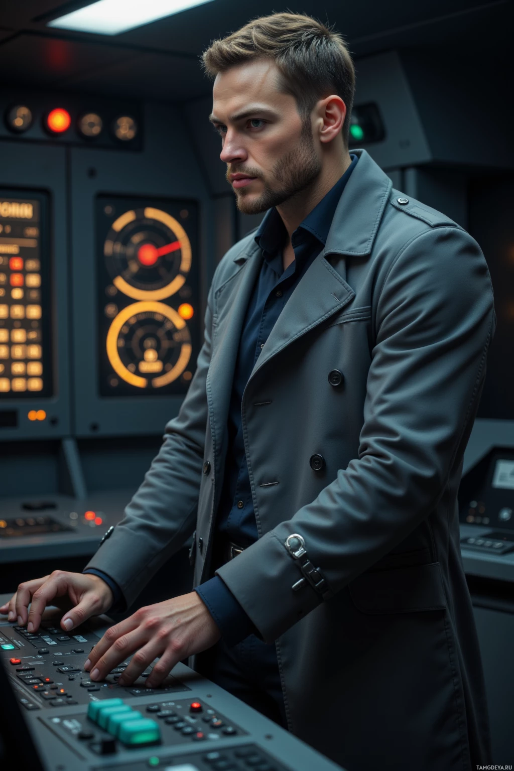A man in a trench coat stands in a control room, operating a panel with illuminated displays.
