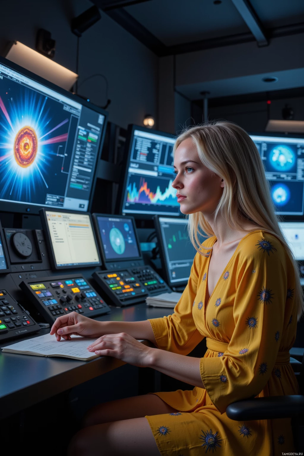 A woman in a yellow dress is seated at a control panel with multiple monitors displaying various data and graphics.