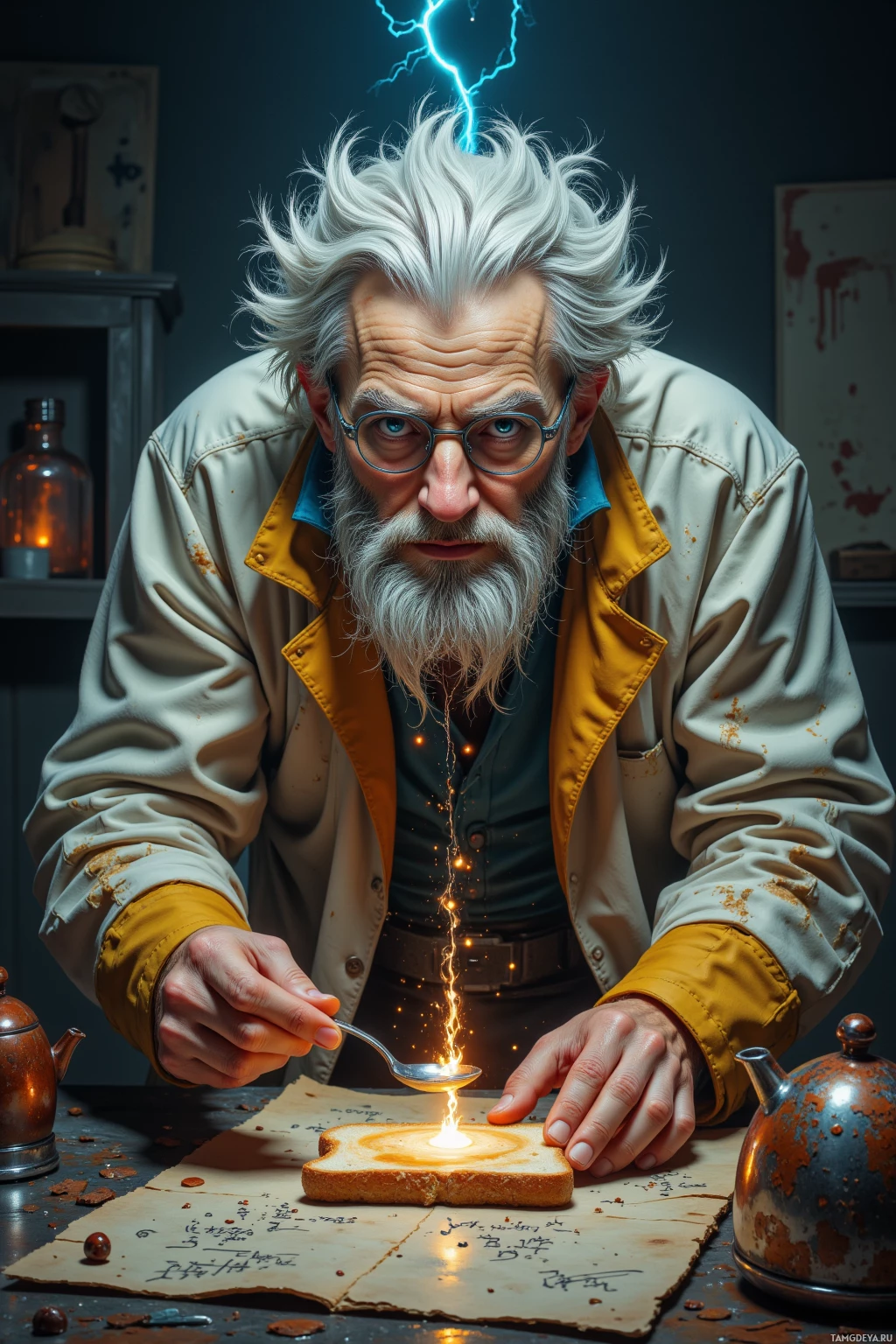 An older man with white hair and beard, wearing glasses and a jacket, is holding a spoon over a glowing, magical-looking object on a table.