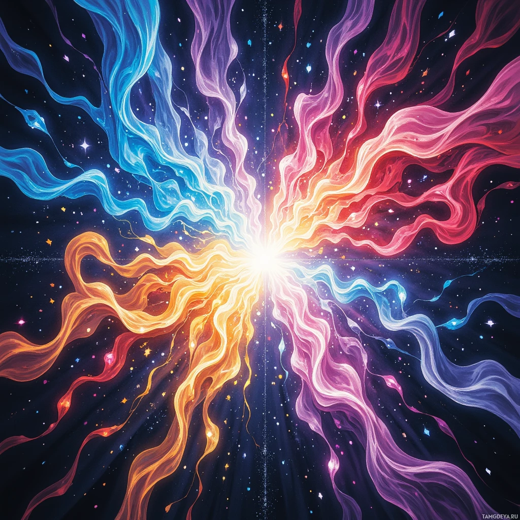 A vibrant cosmic scene with swirling, colorful energy streams radiating outward against a starry night sky.