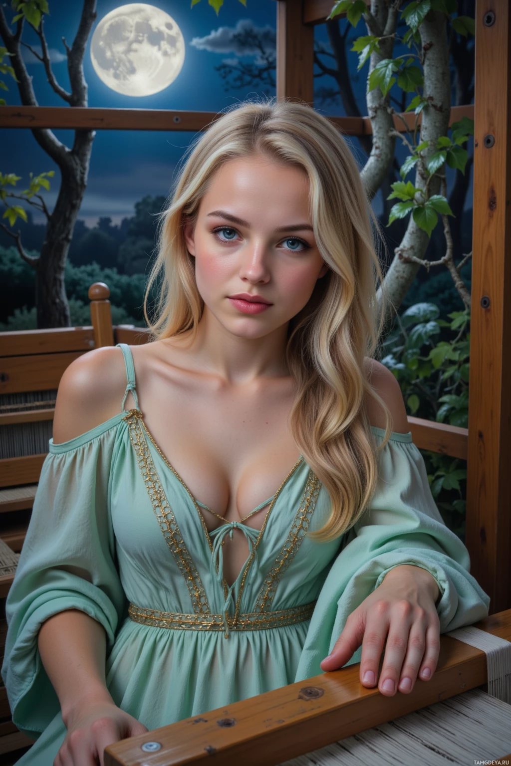 A woman in a light green dress with gold trim sits on a wooden bench under a night sky with a full moon.