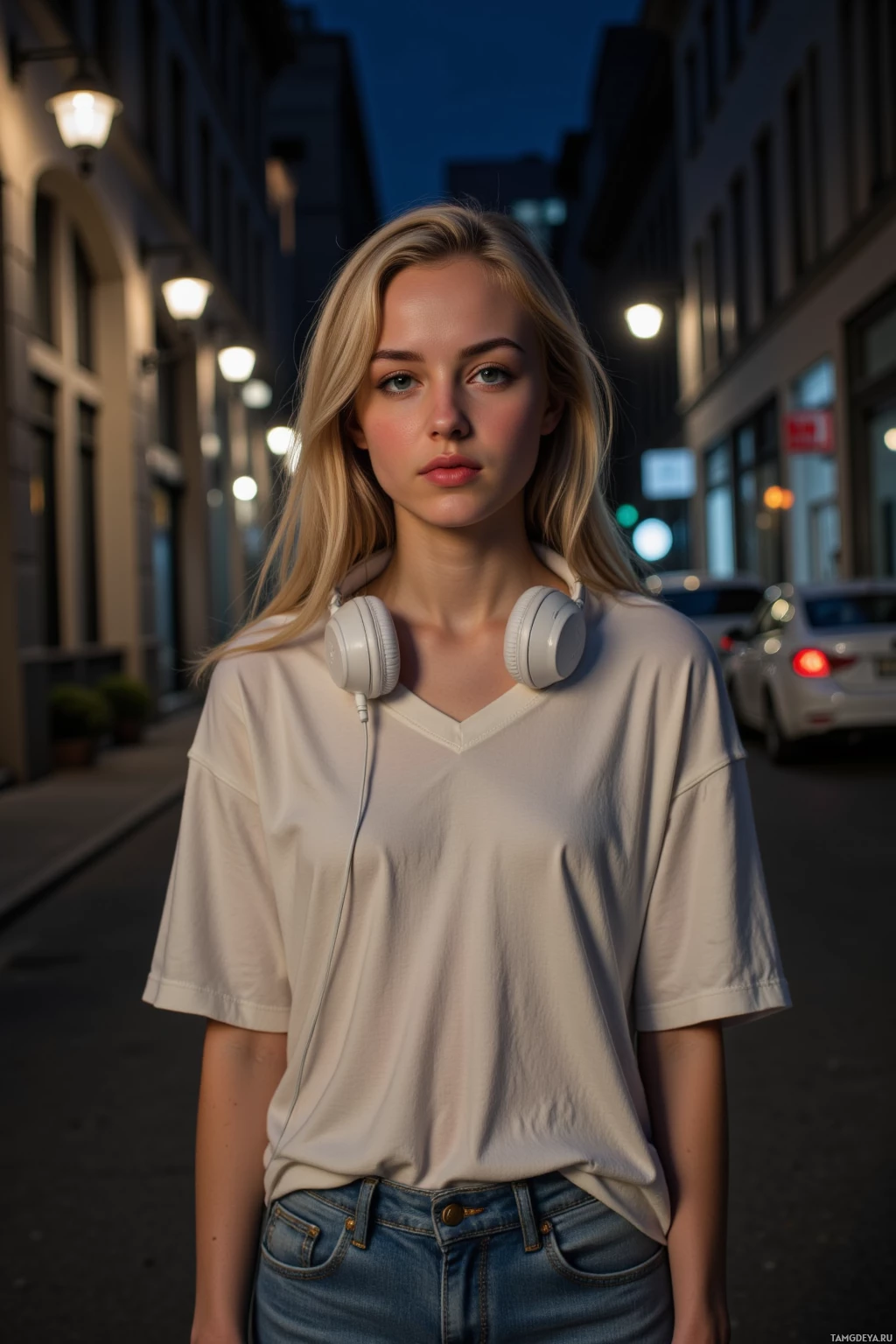 A young woman stands on a street at dusk, wearing a white t-shirt and jeans, with white headphones around her neck.
