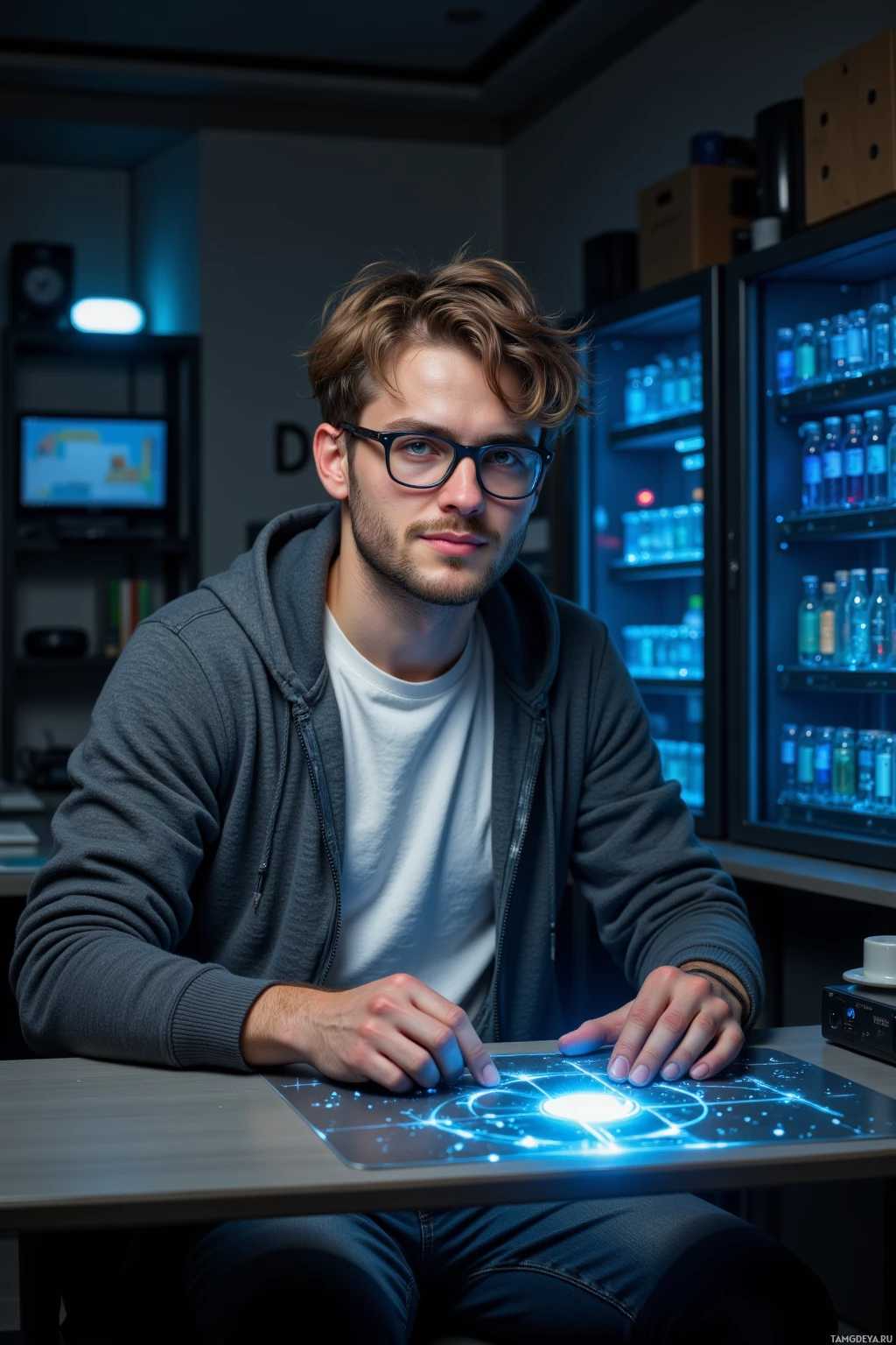 A person wearing glasses and a hoodie sits at a table with a glowing, futuristic device in front of them.