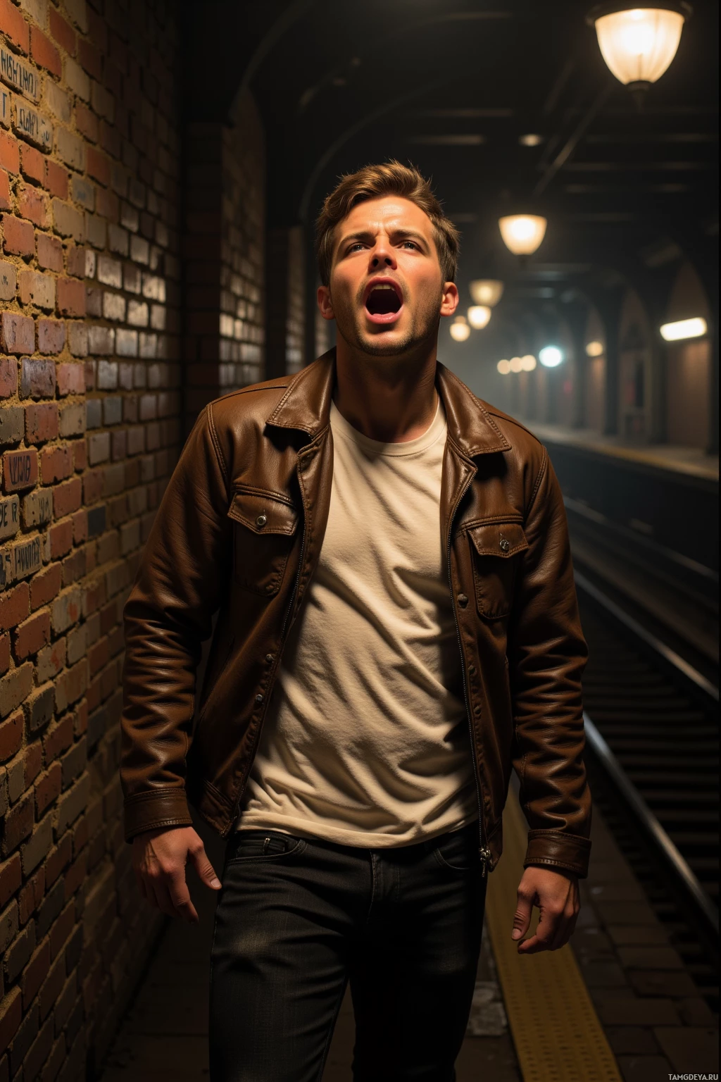 A man in a brown leather jacket stands on a dimly lit train platform.