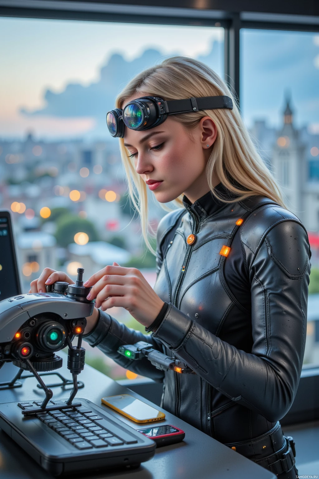 A person in a futuristic outfit is interacting with a device in a high-tech setting.
