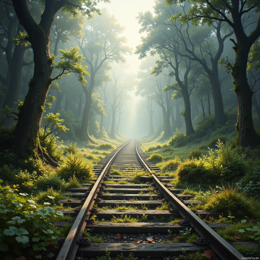 A serene forest scene with a railway track leading into the misty distance.