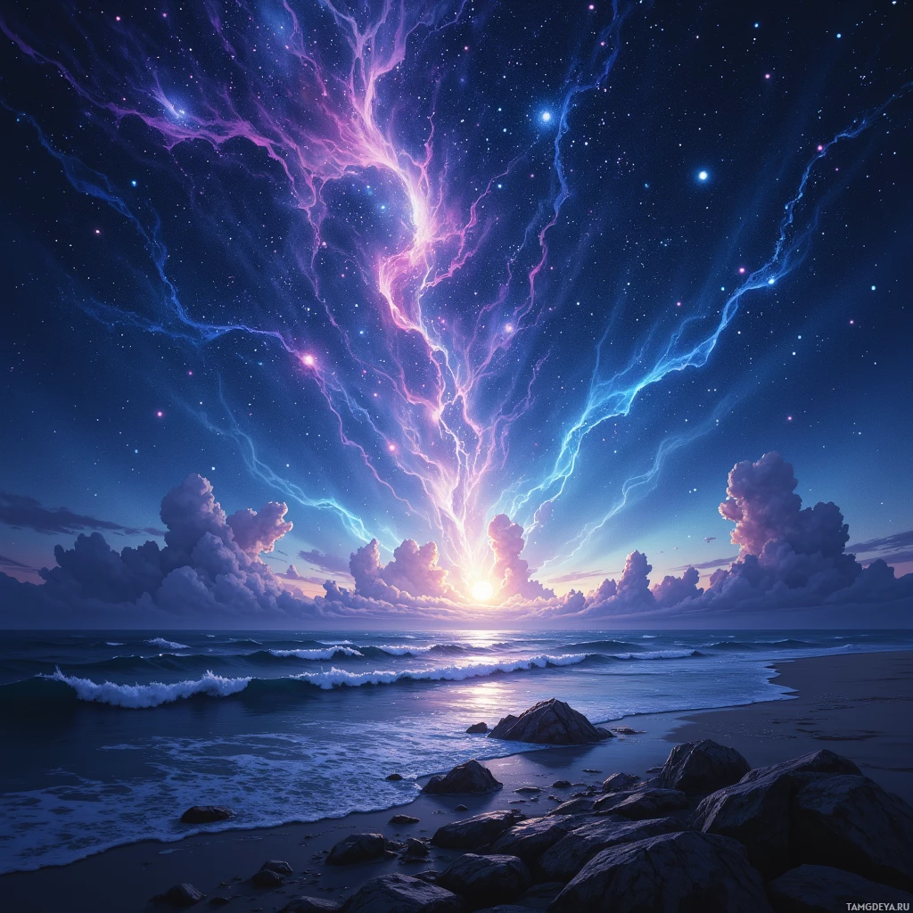 A serene beach scene with a vibrant sky featuring streaks of lightning and stars.
