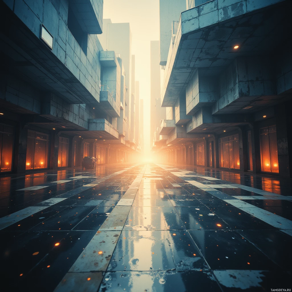 A futuristic cityscape with tall buildings and a glowing horizon.