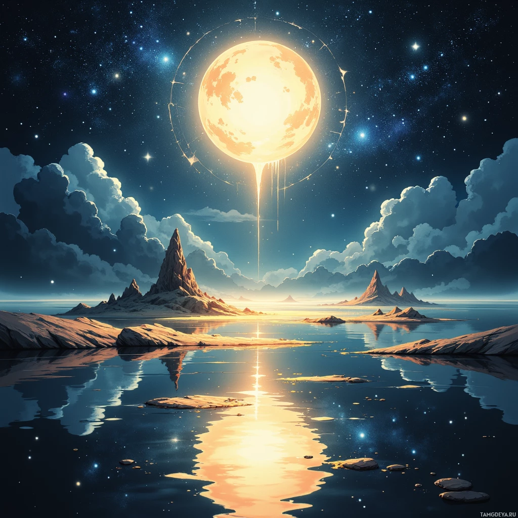 A serene night scene featuring a glowing moon, starry sky, and reflective water with distant mountain peaks.