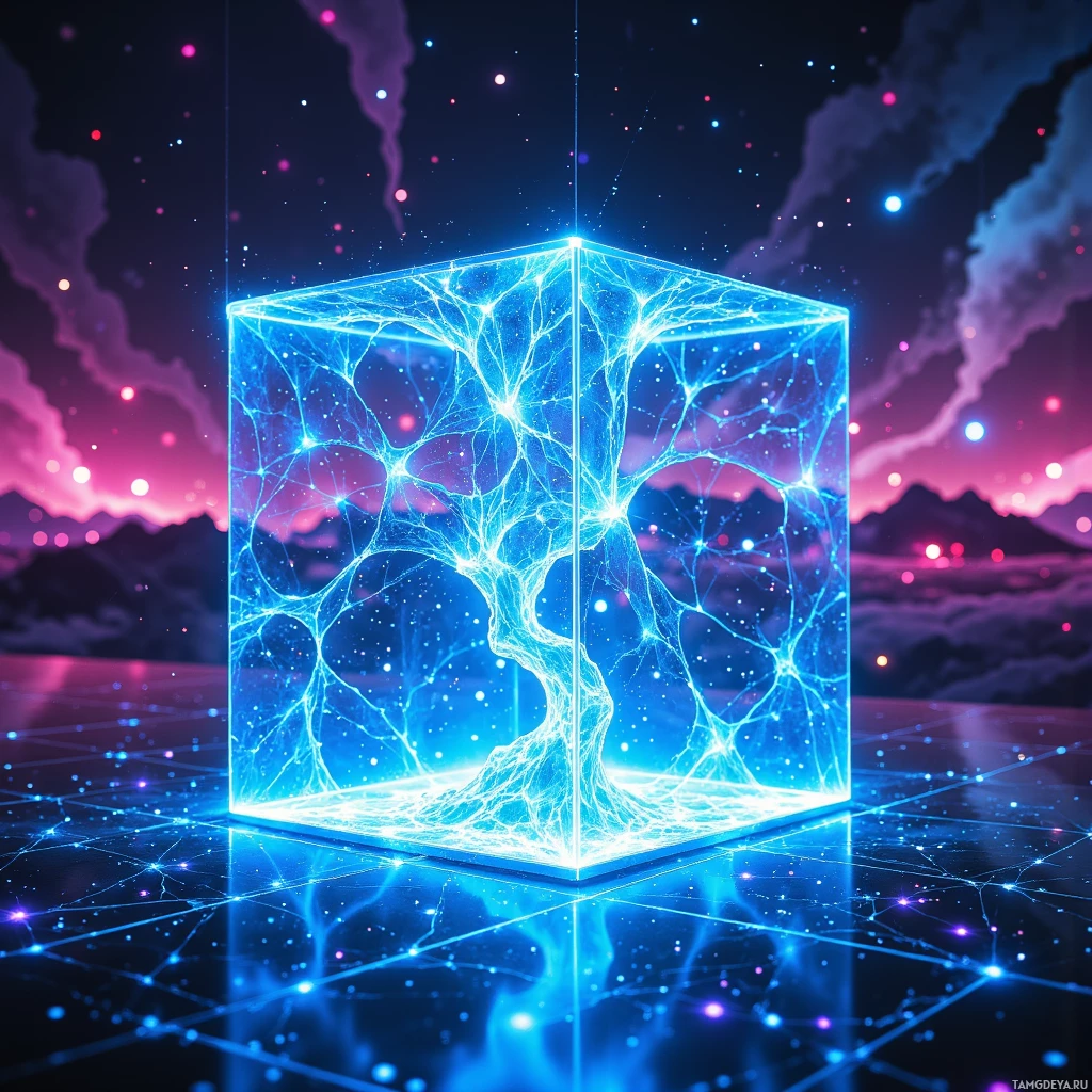 A glowing blue cube with intricate network patterns stands against a cosmic background.
