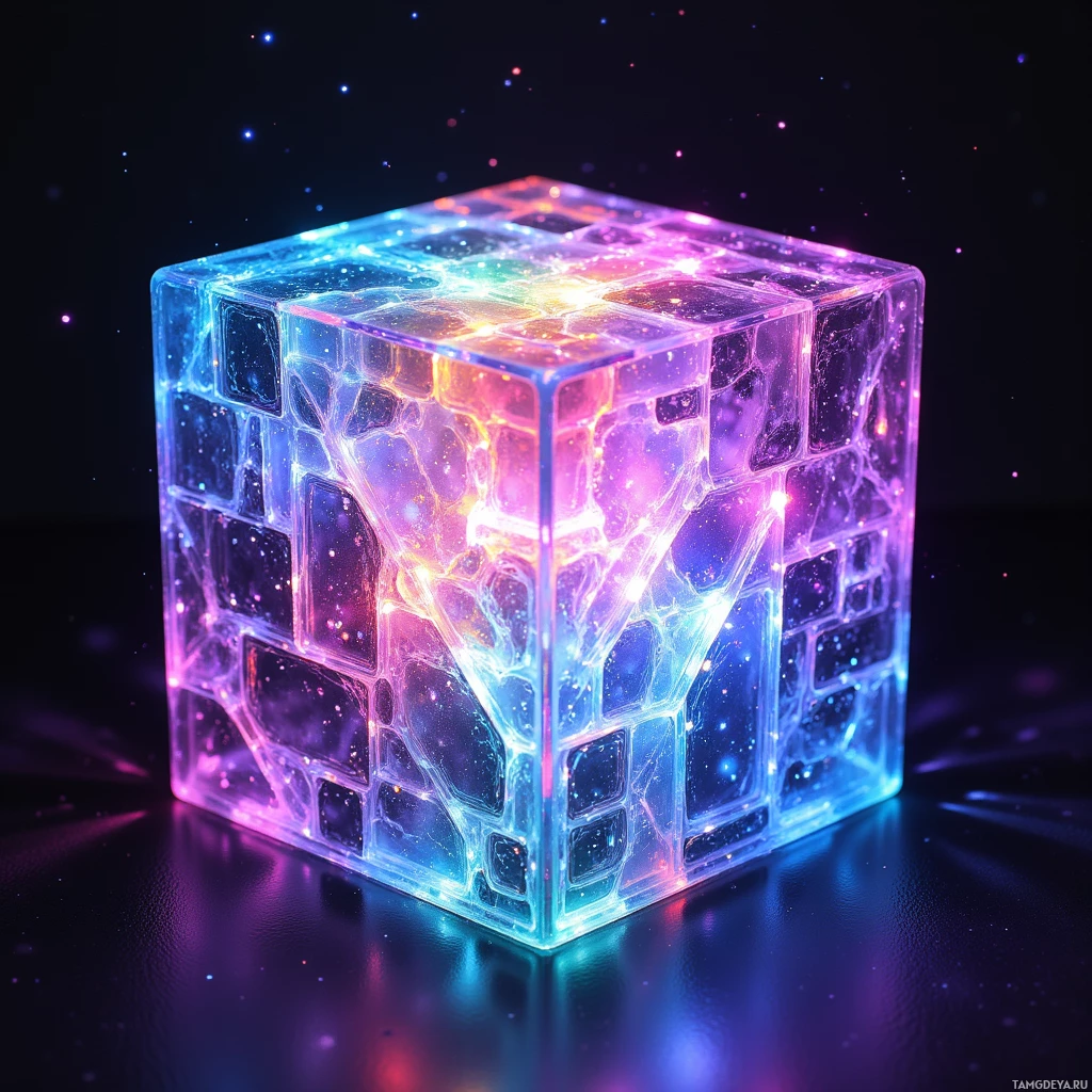 A glowing, transparent cube with intricate, colorful patterns and a reflective surface.