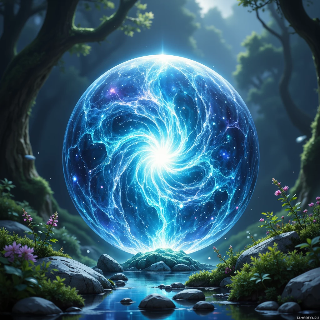 A serene forest scene with a glowing, ethereal sphere hovering above a tranquil stream.