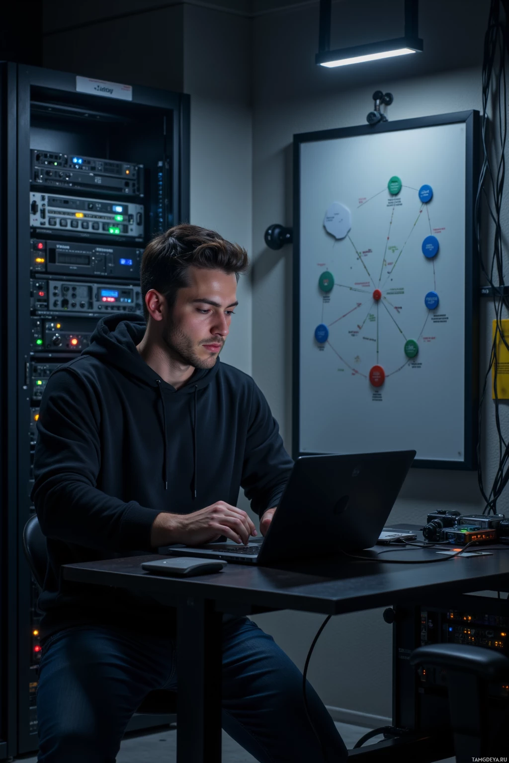 A person is working at a desk in a dimly lit room with a server rack and a whiteboard in the background.