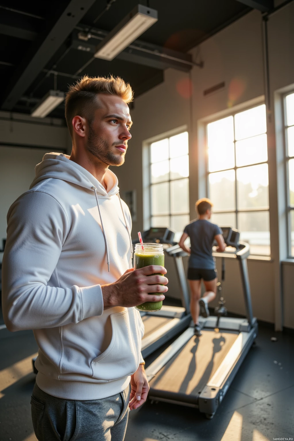 A man in a gym holds a green smoothie while another person runs on a treadmill.