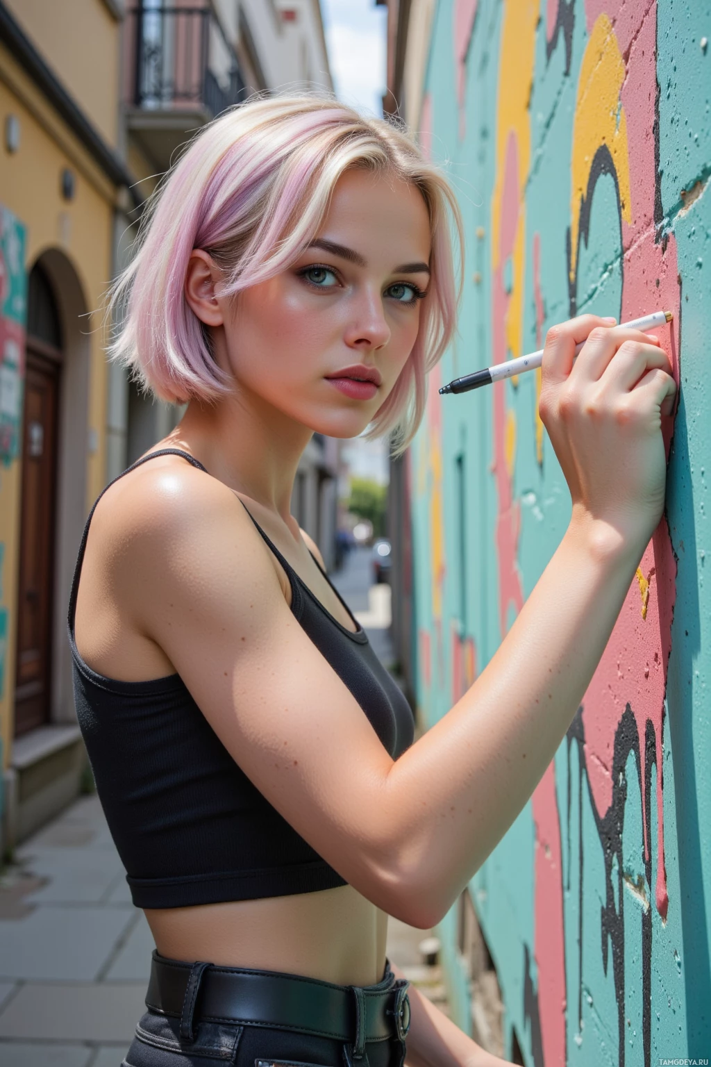 A person with short, pastel-colored hair is holding a marker against a colorful wall.