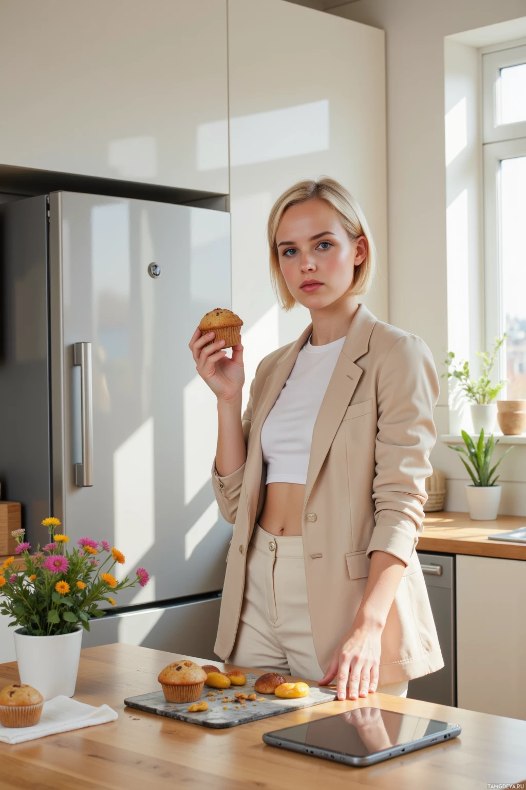 A woman in a beige blazer holds a muffin in a modern kitchen with sunlight streaming in.