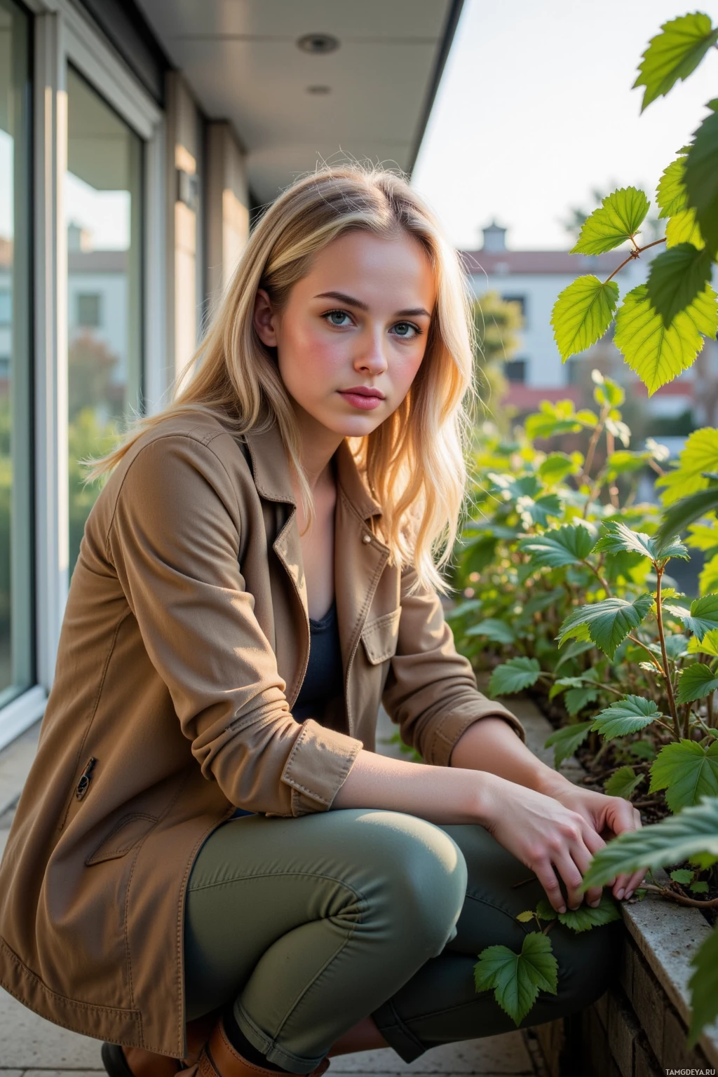 A woman in a beige jacket and green pants sits on a ledge, surrounded by greenery.